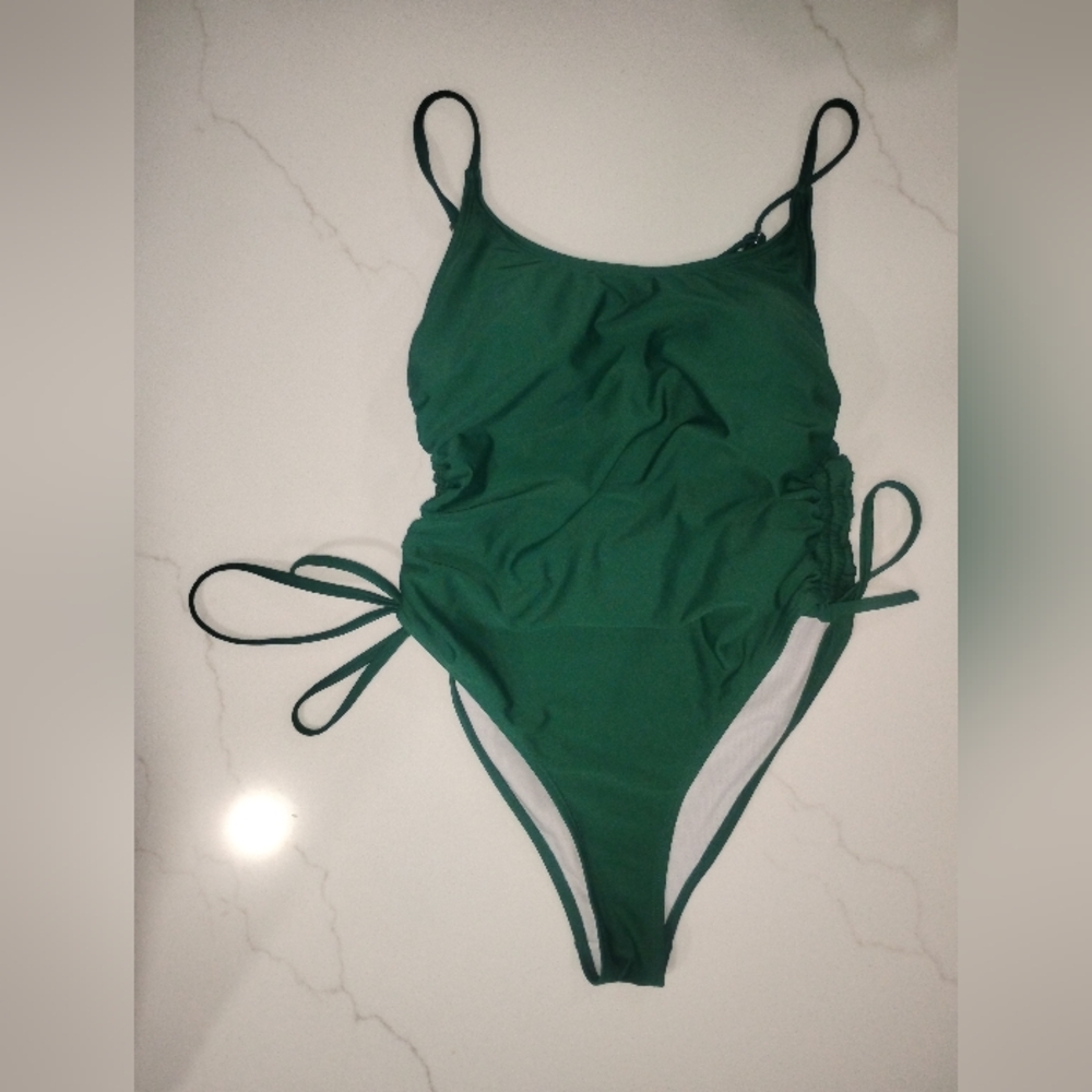 Green One Piece Swimsuit with Side Ties and High-Cut Legs